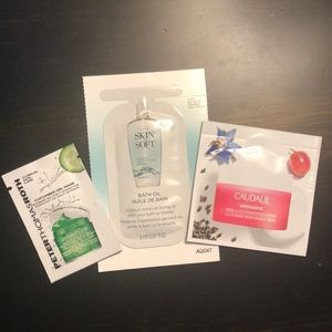 3 Cosmetic Samples-Avon Skin So Soft, Peter Thomas Roth Cucumber Mask & Caudalie